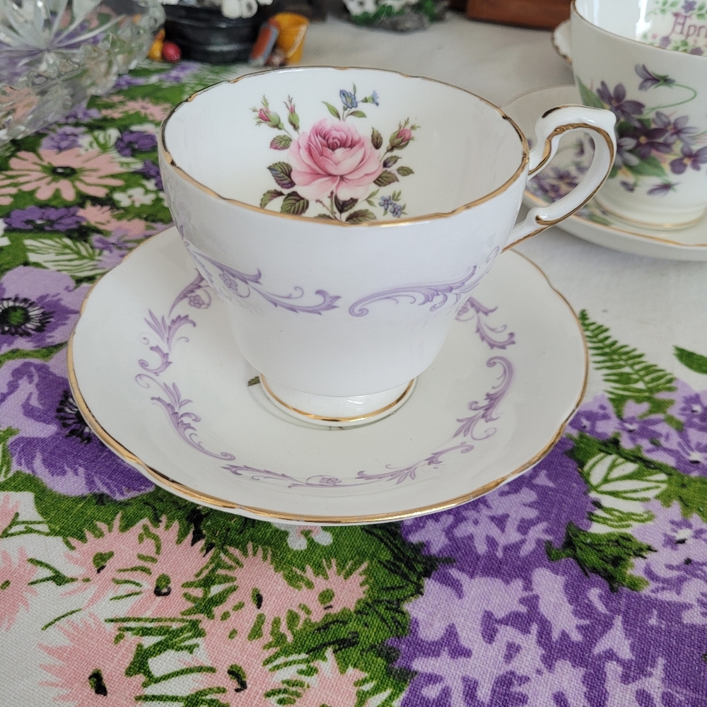 Paragon Bone China Teacup & Saucer Century Rose With Lavender Trim